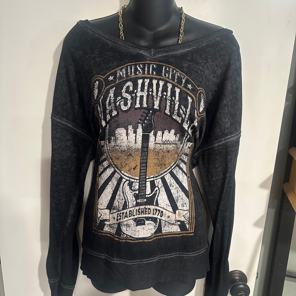 Maurices Black Off-Shoulder Nashville Graphic Sweater